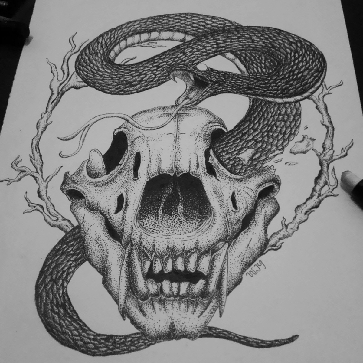 Drawing  ink ILLUSTRATION  skull snake Pointillism stippling