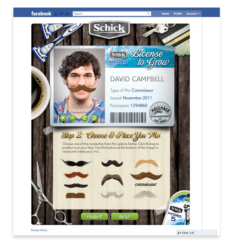 Consumer products goods razors men Promotion Promotional facebook app facebook Movember awareness license design interactive