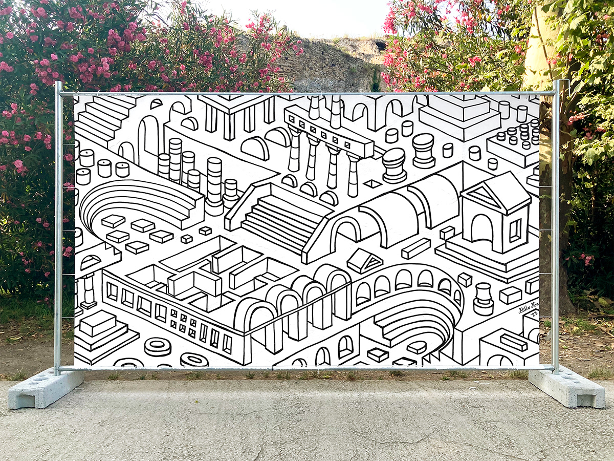 Black and white line isometric mural inspired by architectural features of Pompeii, by Stillo Noir