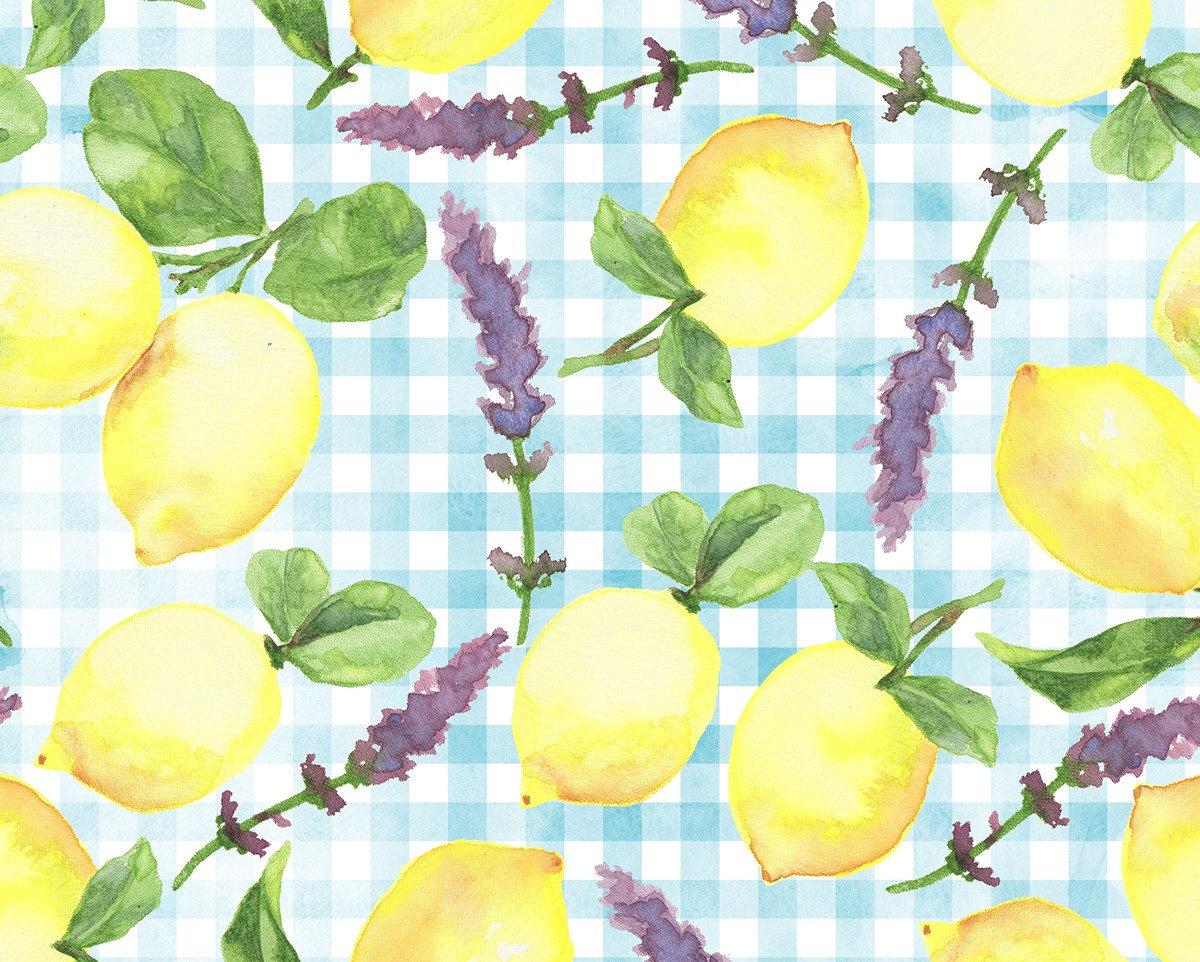 lemon lavander vichy pattern textil wallpaper watercolor acuarela