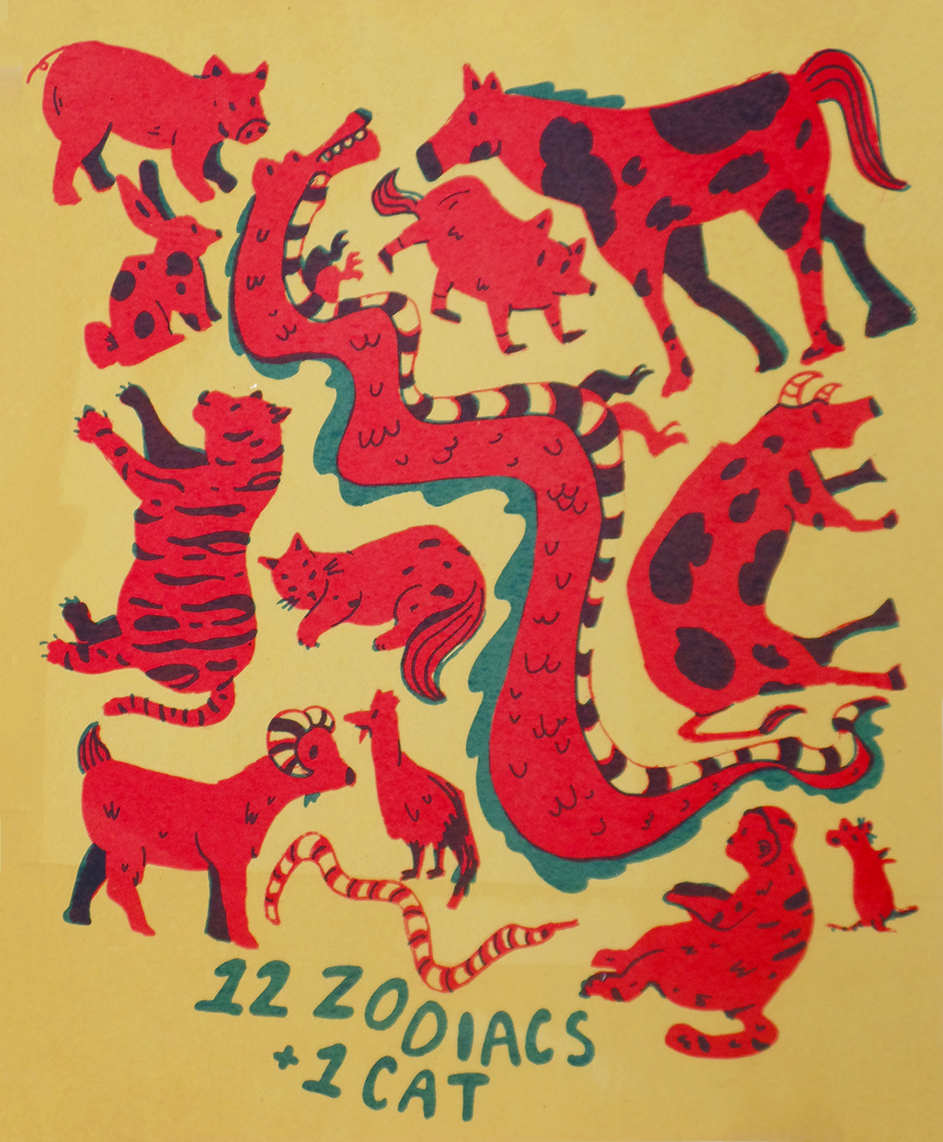 zodiacs chinese culture Cat silkscreen screenprint cow dog horse monkey