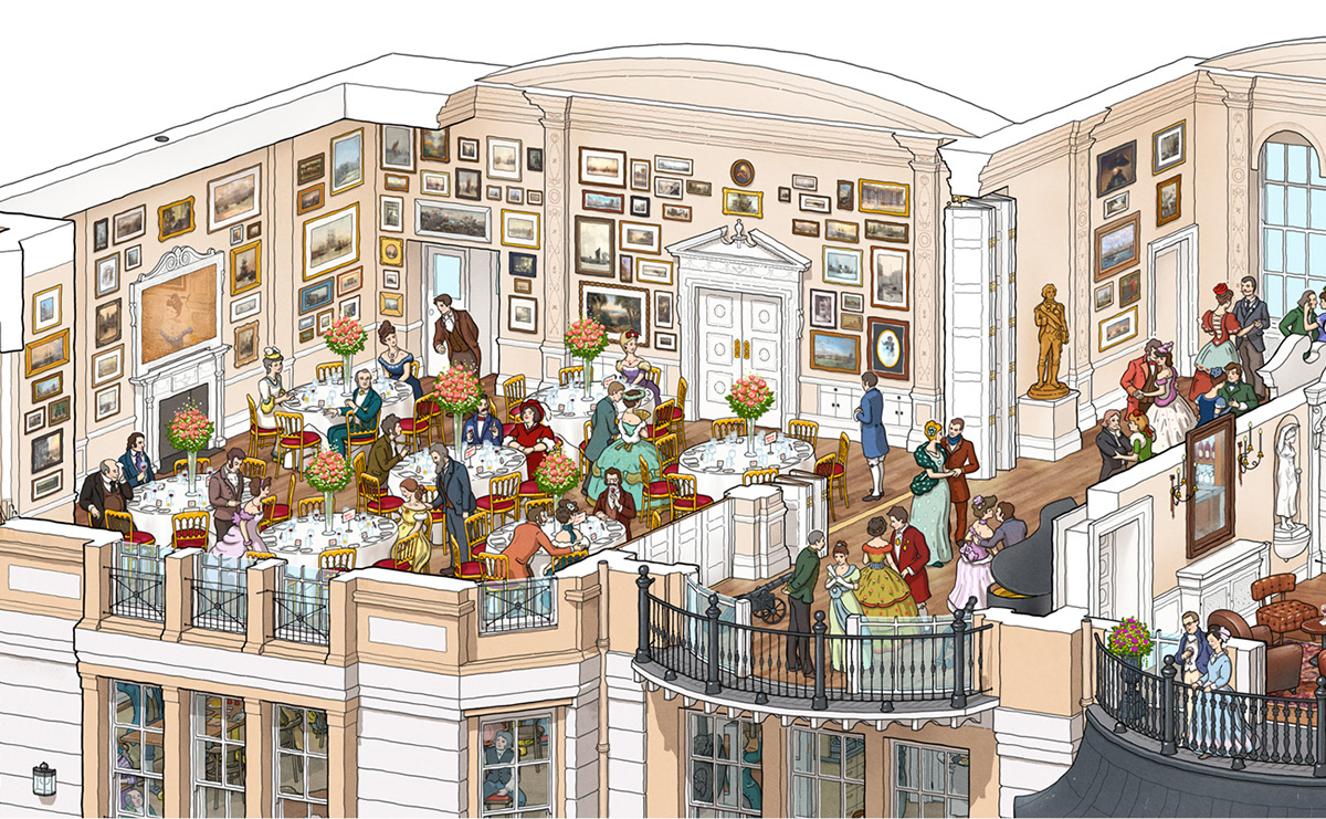 cutaway crosssection Interior Tavern bar pub greenwich London detailed infographic