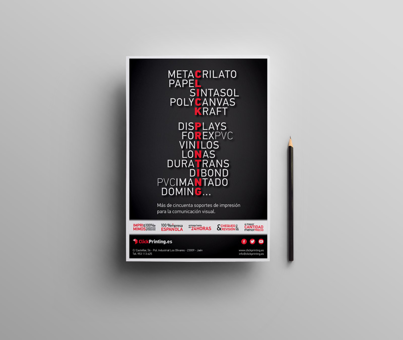 Encarte publicitario encarte A4 publicidad ClickPrinting imprenta digital online impresion gran formato diseño gráfico editorial relleno de degradado rojo y negro