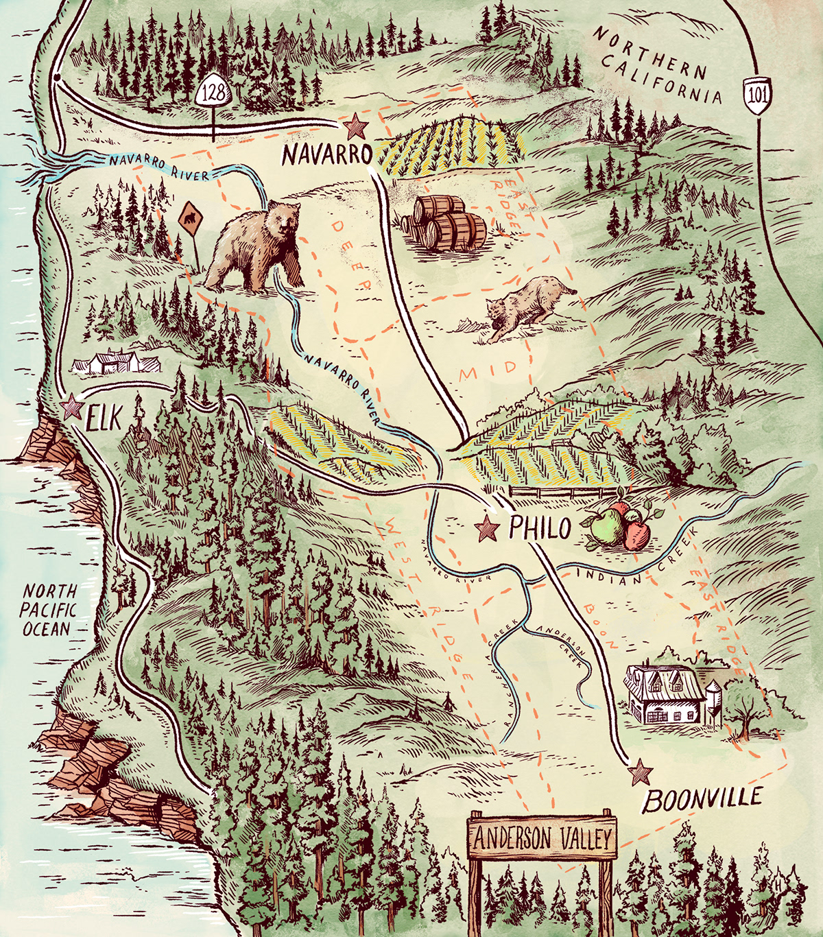 California cartography derik hobbs editorial illlustrated map SCAD Vineyards west coast wildlife wine