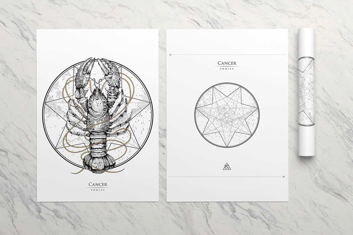cancer crayfish animal dotwork gold lobster zodiac Horoscope universe geometry Minimalism linework Astrology