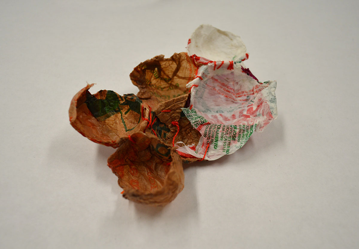 Fruit vegetables vessels containers sculpture environmental design Sustainability color plastic bags