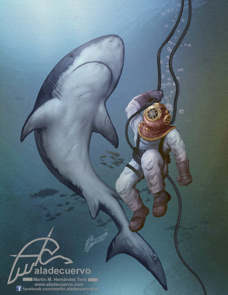 diving shark undersea deep-diver buceo profundo marino water helmeth
