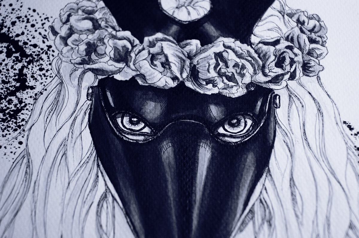 fox mask ink Black&white girl self-portrait isograph rapitograf   Flowers peonies noir dark