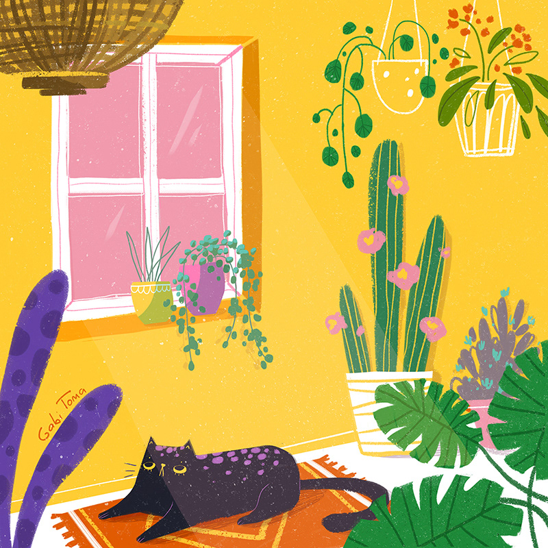 summer digital illustration editorial Cat plants Summer vibes