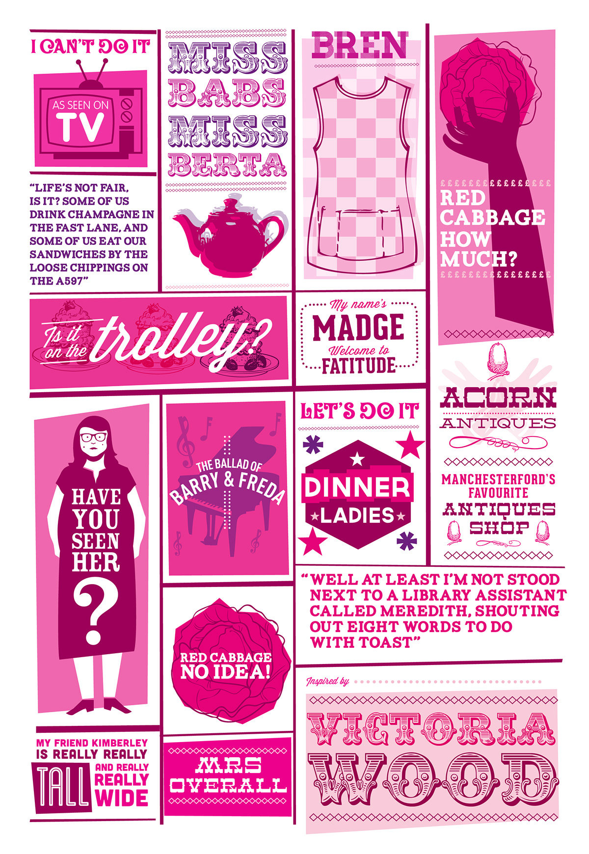Victoria Wood tv comédienne BBC comedy  Acorn Antiques Red Cabbage Dinnerladies illustrations vector iTV Entertainment graphics poster print