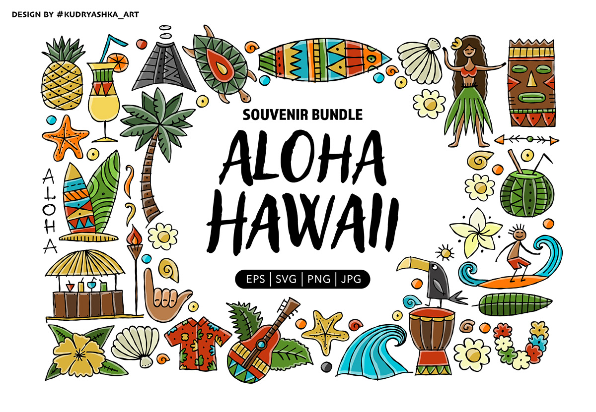 Aloha Hawaii vector set - cards, banners, seamless pattern, frame, tree, heart etc