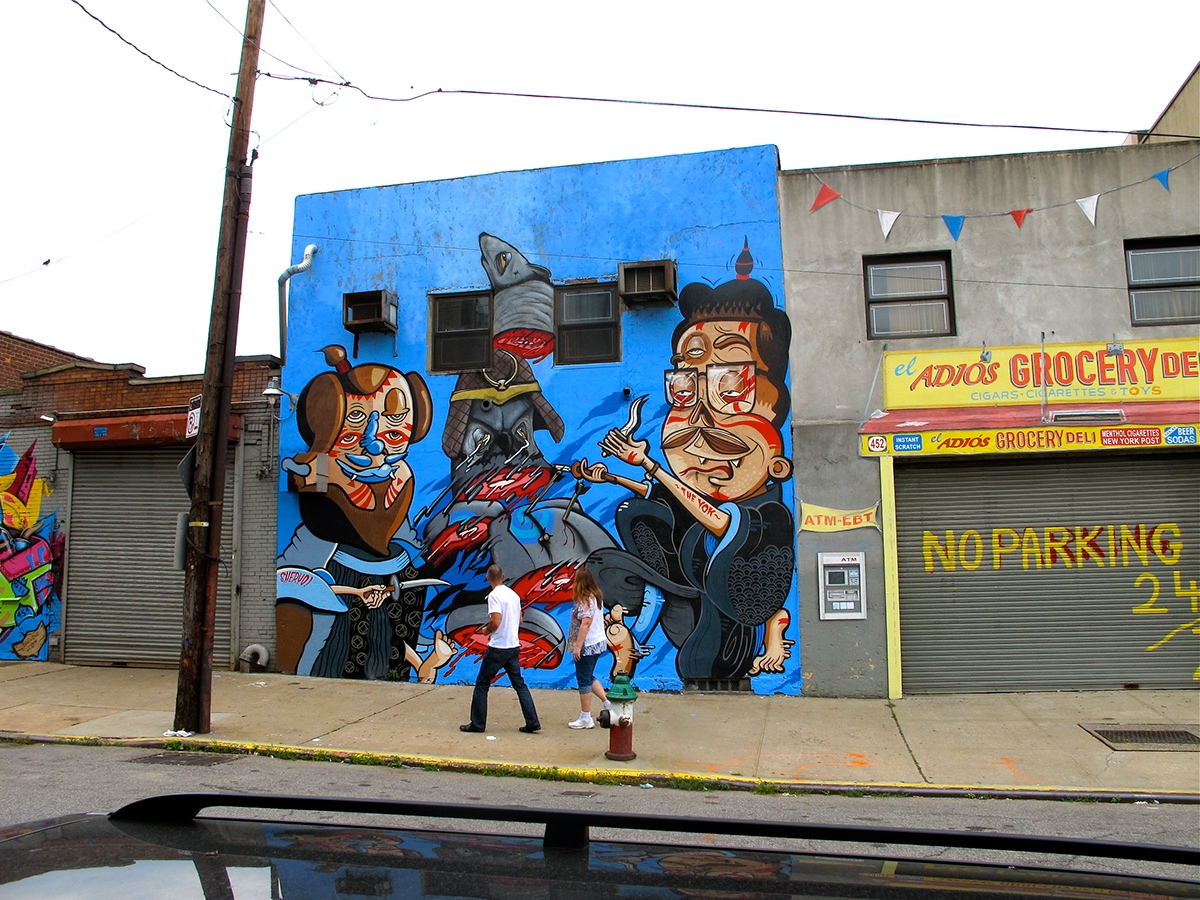 yok  theyok SHERYO never  brooklyn pie  hotdog streetart spraypaint characterdesign walls paint type design