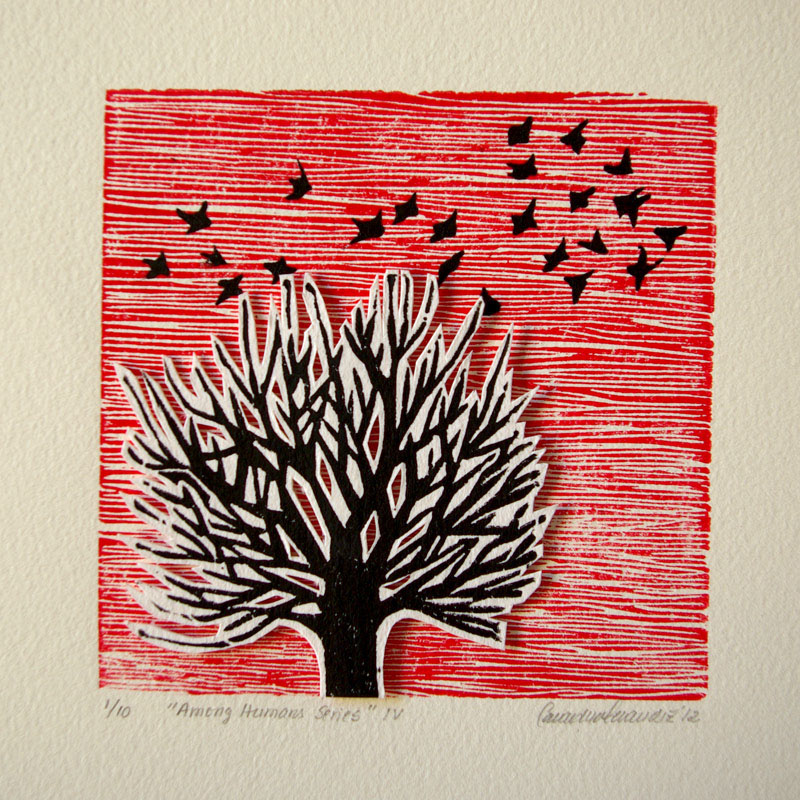 prints linocut linoleum print linoleum birds black birds flying birds birdcage birds on wire building printmaking