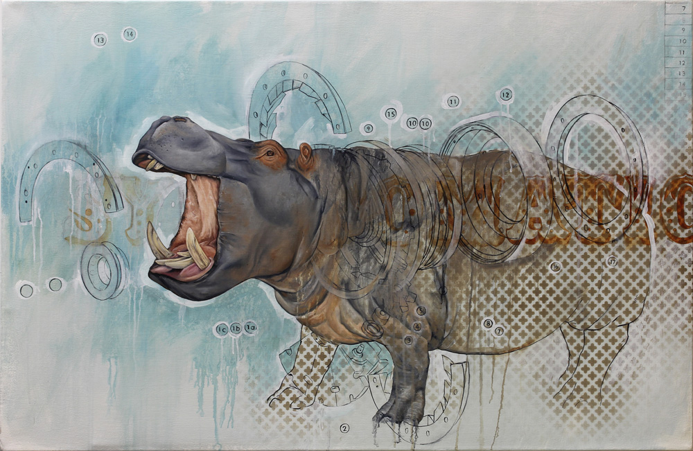 bryan holland arts mixed media animals Realism Rhino leopard rabbit hawk raptor bison elephant decorative text pattern