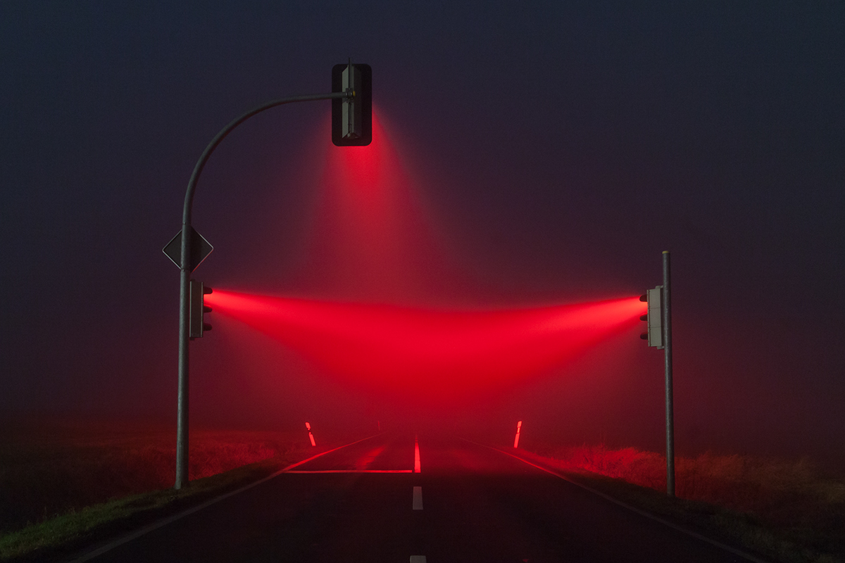 traffic lights night visible light mist fog soft light available light long exposure red orange greeen