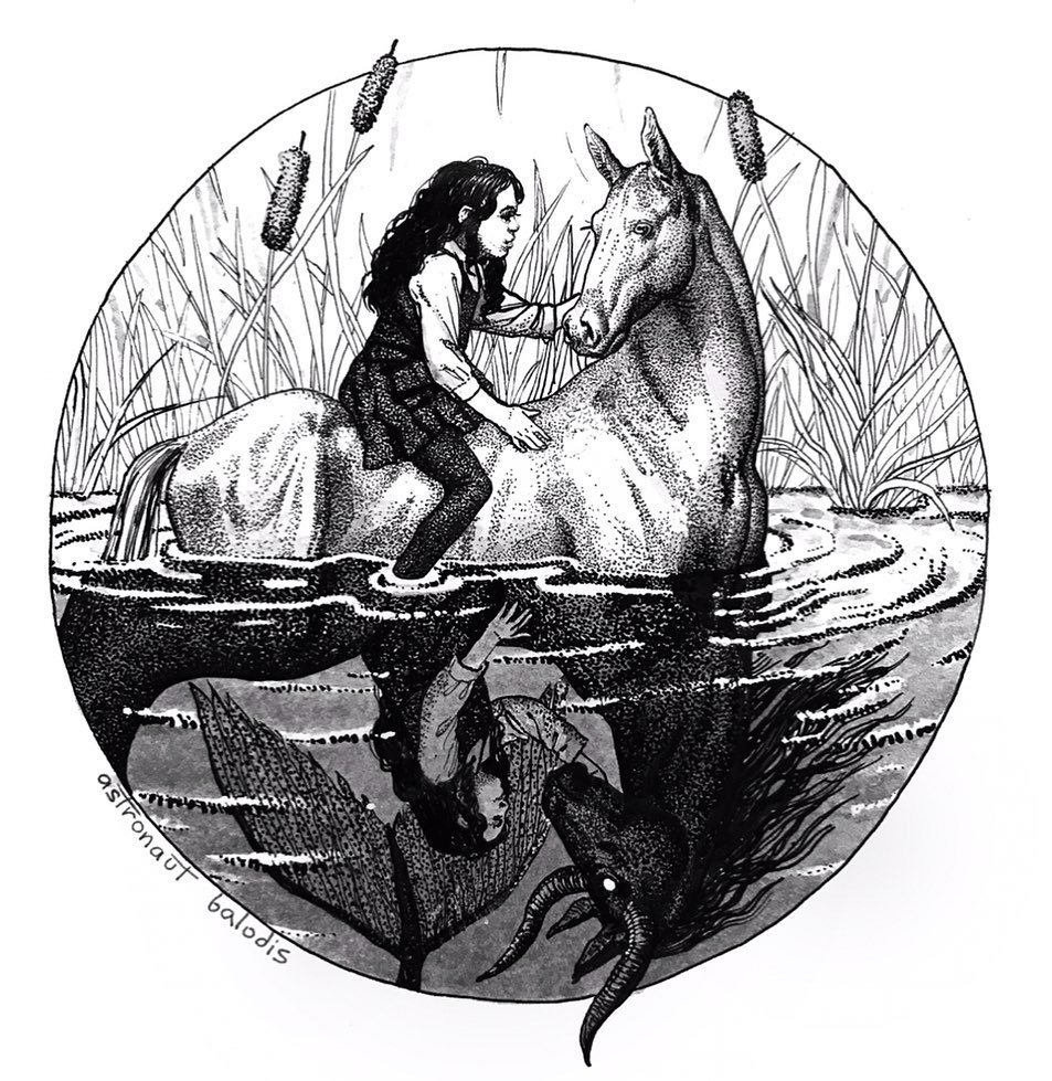 An illustration with an insidious kelpie trying to catch a little girl.