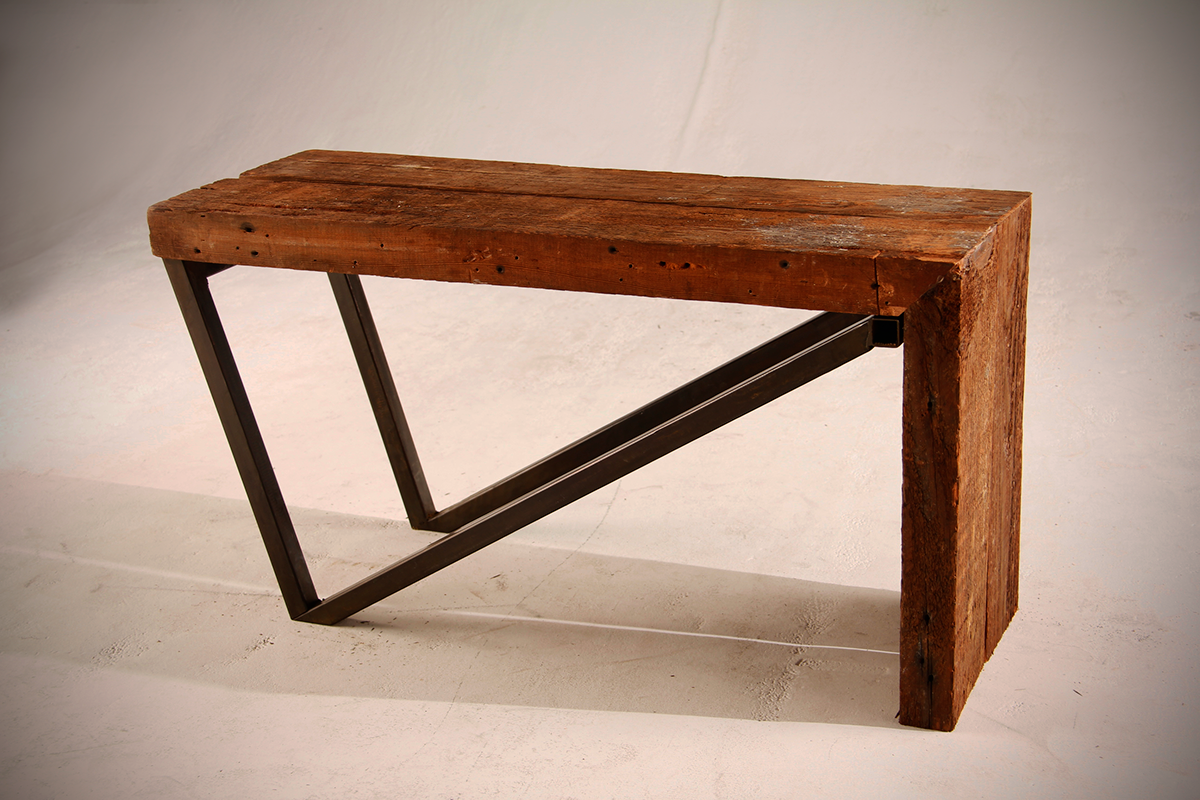 bench table reclaimed wood wall steel patina