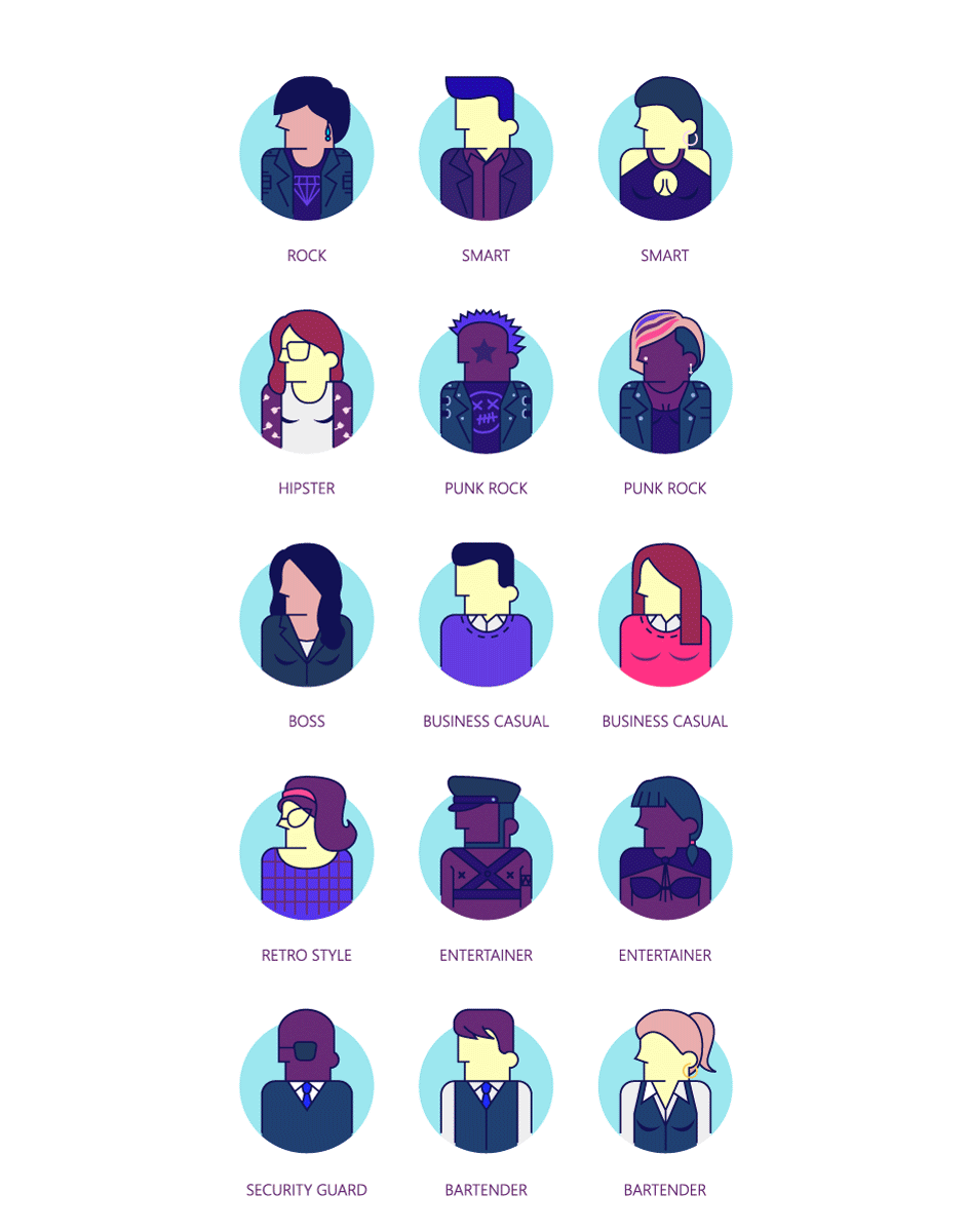 Icon avatar UI design Character people music Nightlife line set