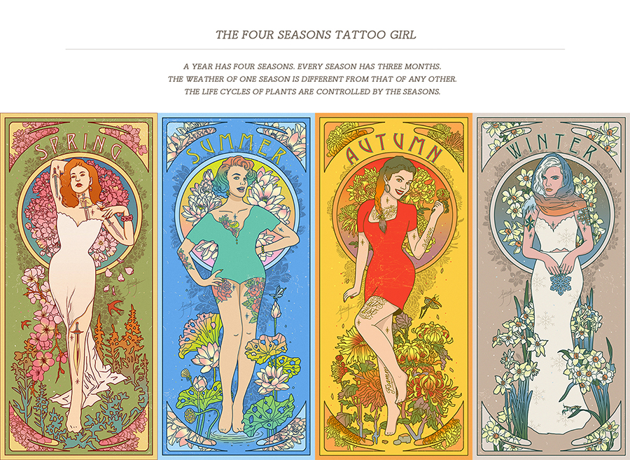 season girl tattoo Flowers Lady vintage Insects Nature Fashion  feitufei