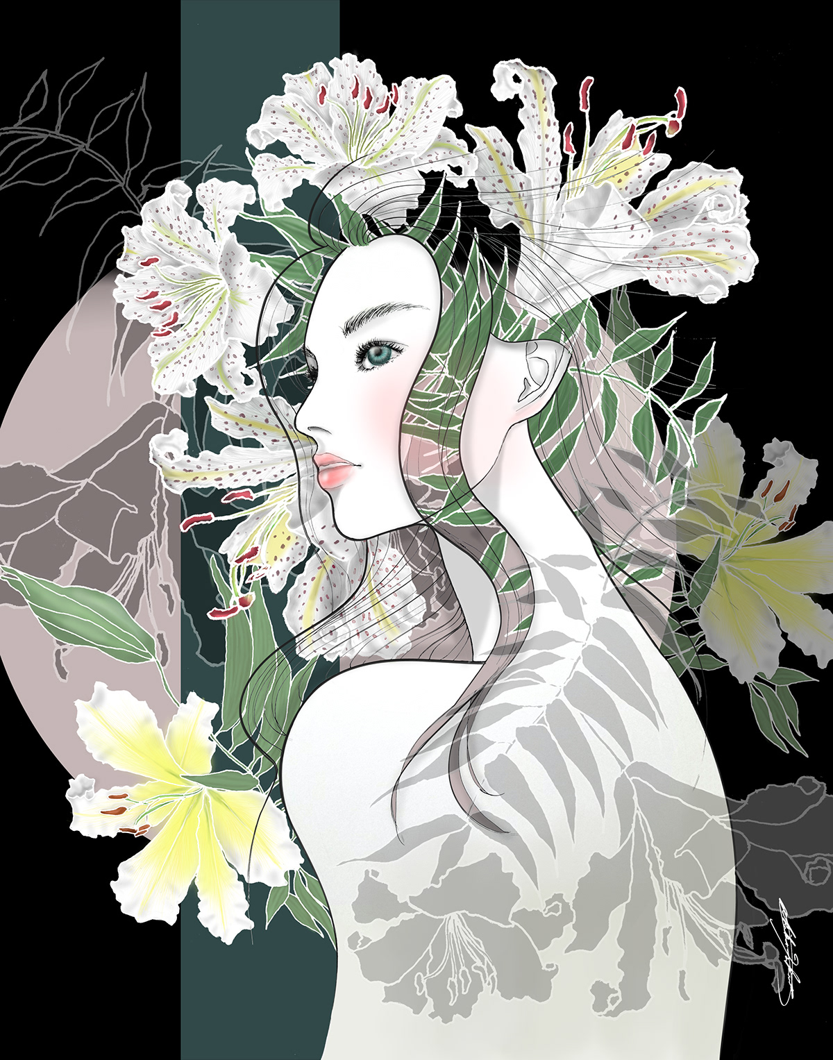 ILLUSTRATION  Digital Art  pattern design  portrait female figure floral pattern