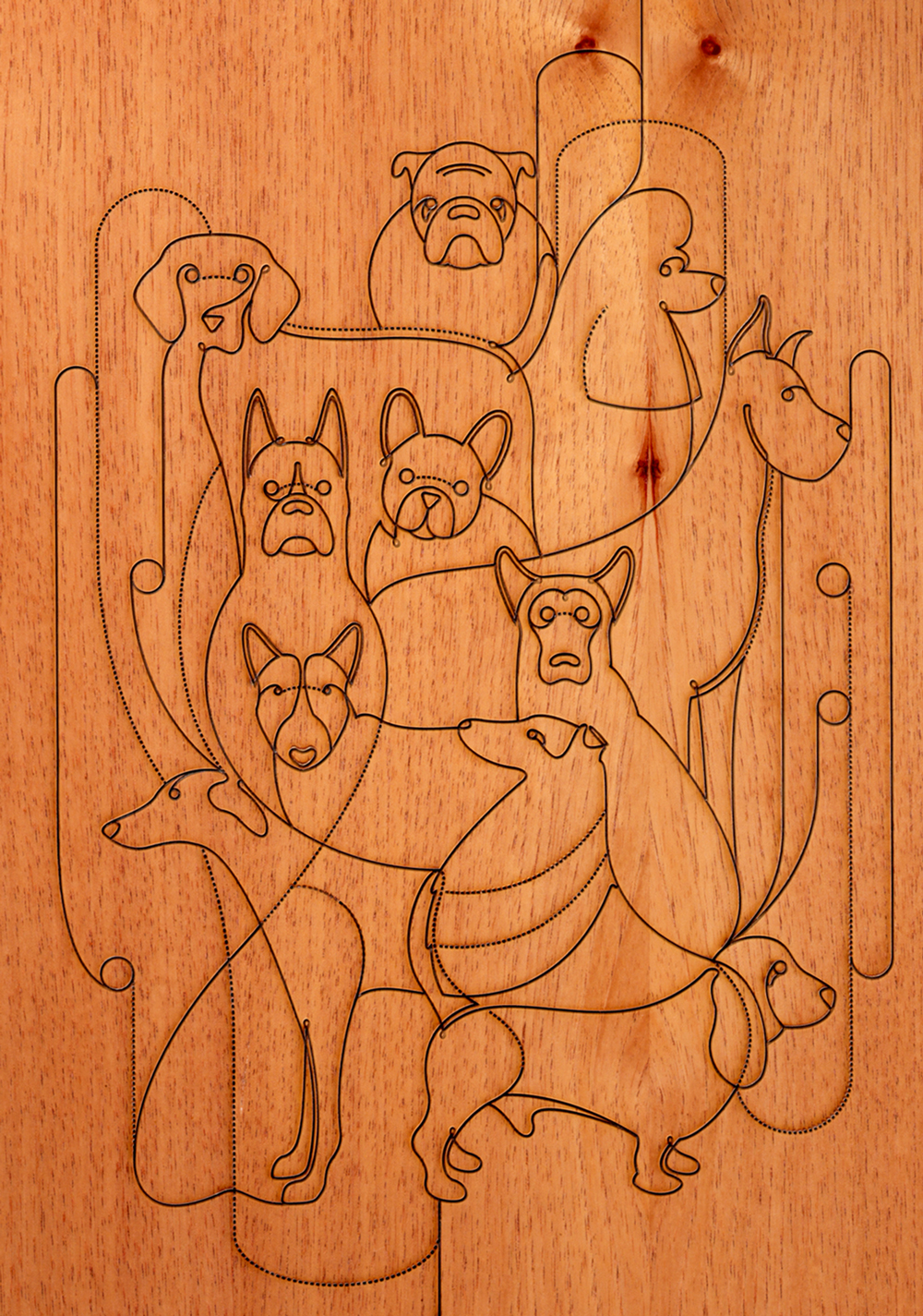 pyrography  Continuous Line wood  advertising  dog chow Rodrigo Tarquino  Julian Franky  handmade Purina poster continuous line