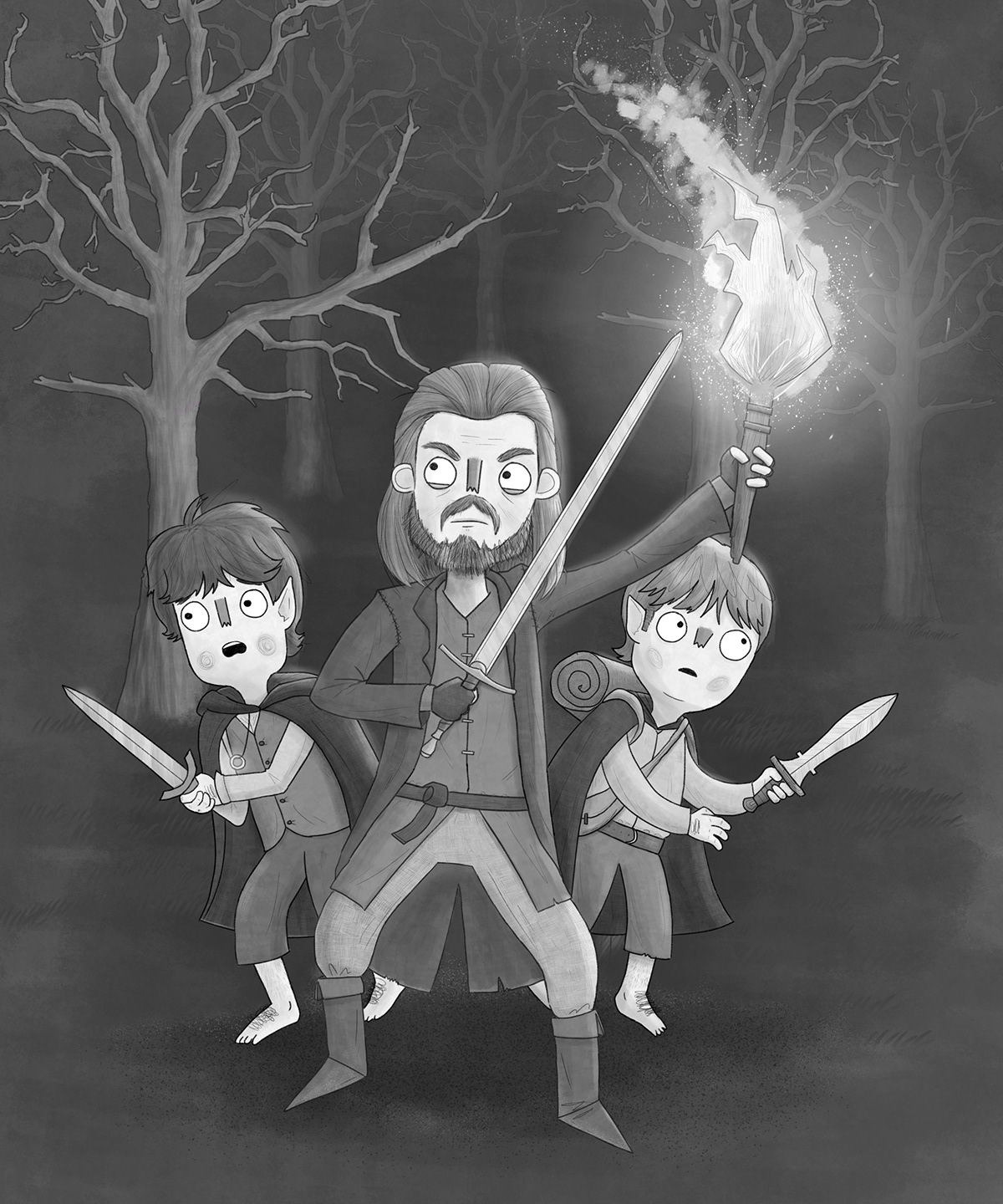 Aragorn black and white children's book frodo Gimli Gollum ILLUSTRATION  legolas LOTR paul nugent illustration