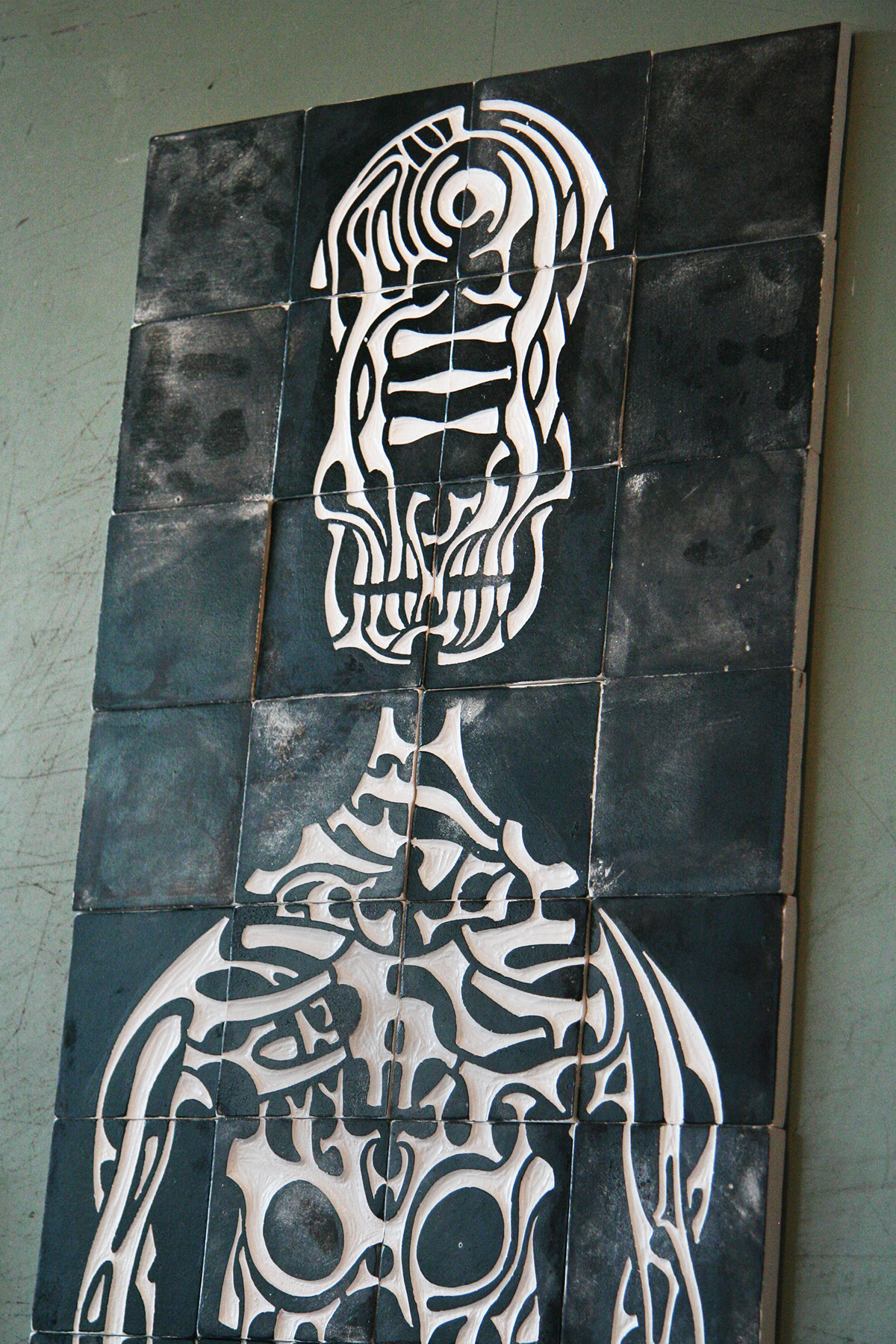wall Mural skeleton Cranium bones plastic modular tiles brain carving engraving relief