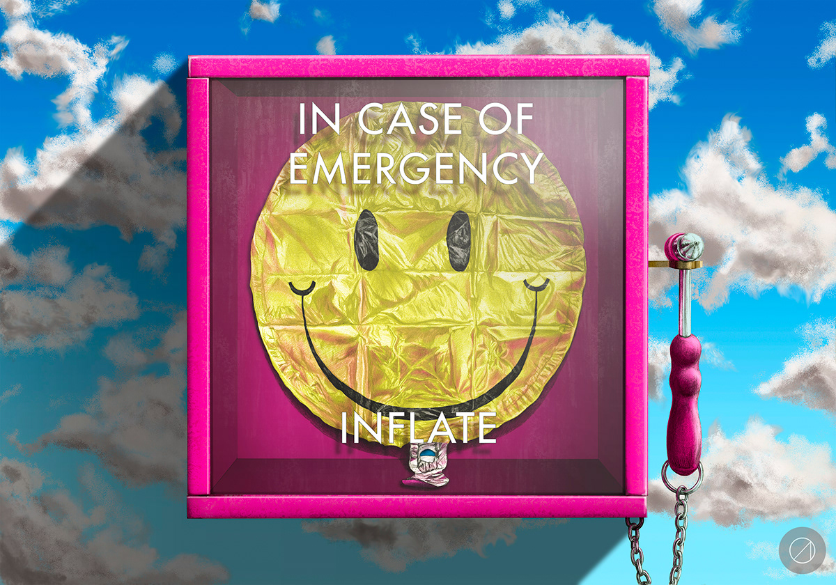 Foil Balloon Emergency Box clouds Optimism glass half full idiot Idiocity magazine quarter page illustration article smiley happy cloud 9 Cloud Nine inflate
