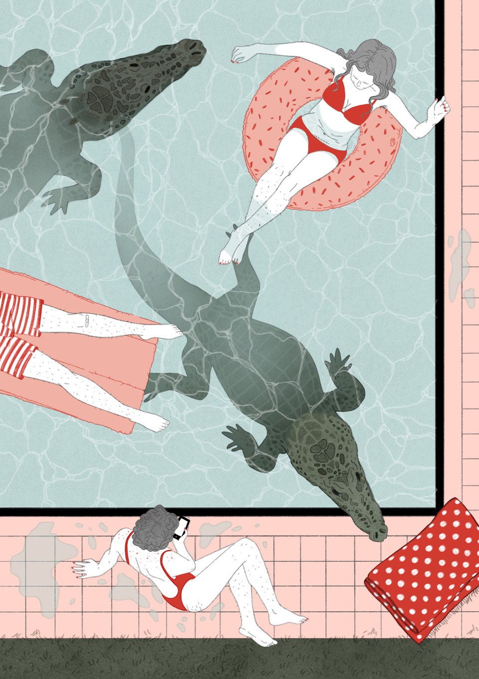 ILLUSTRATION  Editorial Illustration detail flat color Julia Bernhard Pool summer pool party crocodile