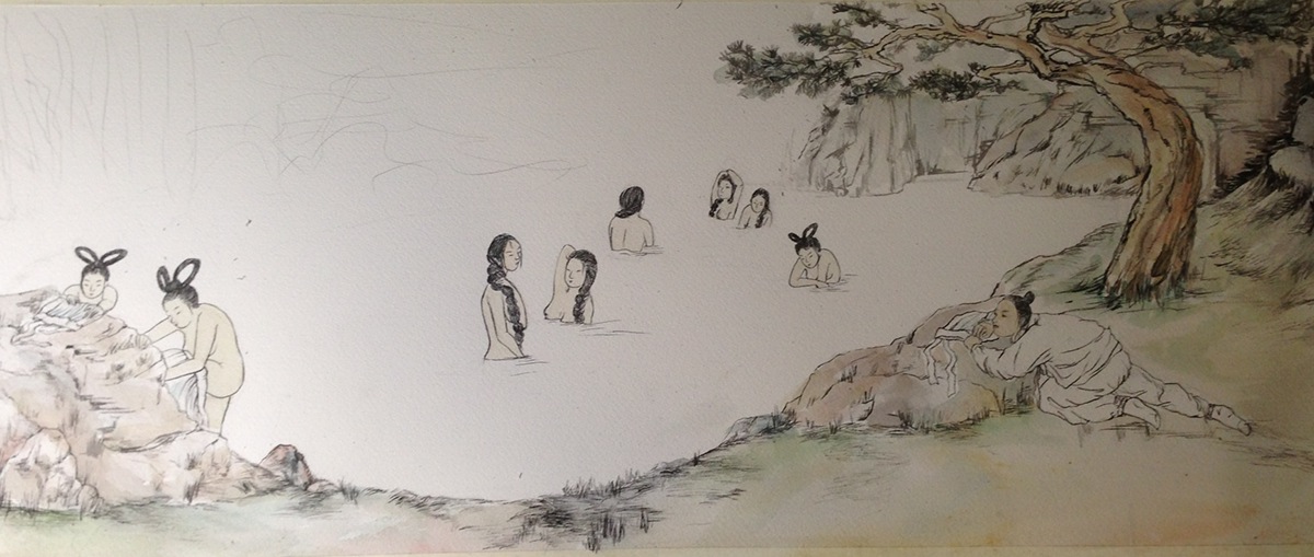 선녀 나무꾼 선녀와 나무꾼 폭포 鬼 소나무 chosun style joseon style ink watercolor traditional style fairy  lumberjack  Story Book nude