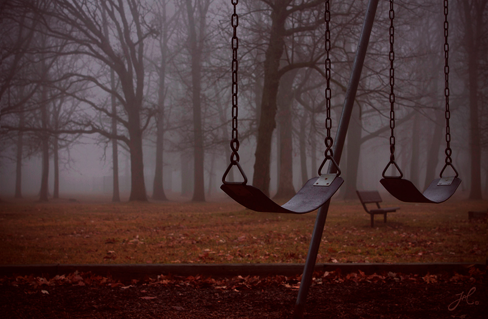Michigan Playground swings Ghosts fog Fall october haunted play urban exploration urbex adventure leaves trees detroit