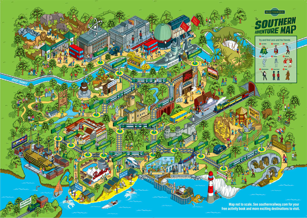 Adobe Portfolio rod hunt Illustrator Pixel art vector map maps advert ad Advertising Campaign Isometric Theme Park rail railway ad campaign illustrated map
