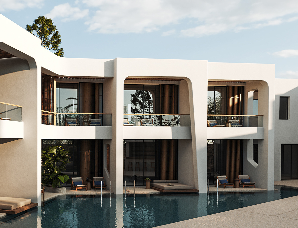 3D architecture archviz CGI Greece light Mykonos Render swimming pool visualization