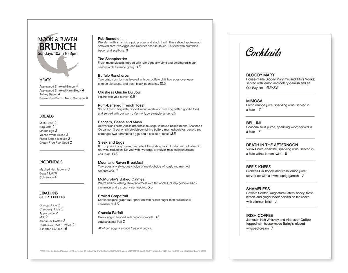 menu cocktail brunch