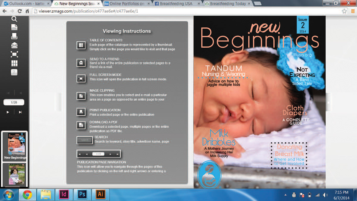 Magazine Cover InDesign la leche league new beginnings online magazine magazine layout breastfeeing baby infant newborn lll lllusa concept