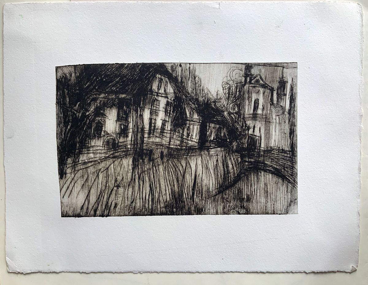 city dry point etching mist town