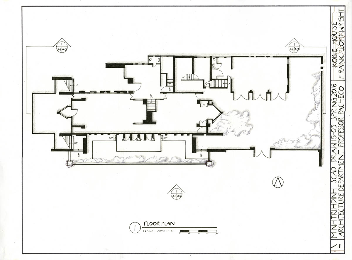 Robie House Frank Lloyd Wright axonometric Interior Plan floor plan Elevation section sketches watercolor gouache graphite
