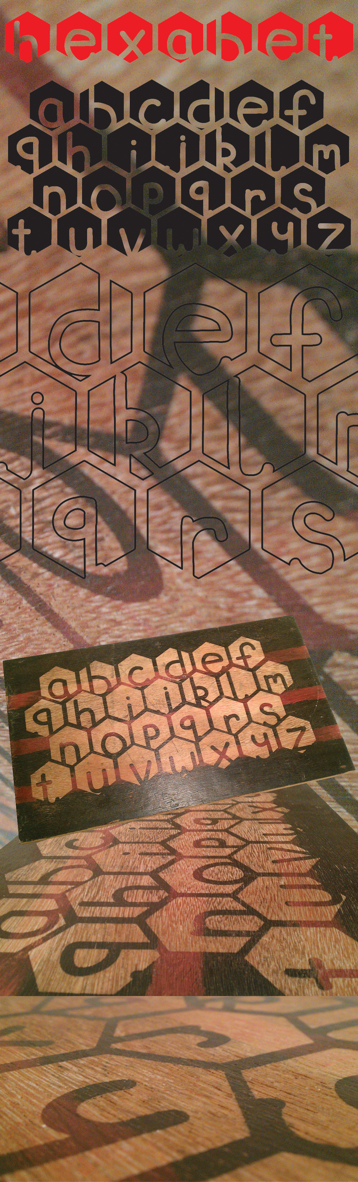 alphabet type experiment graphic design Project sand blast cut hand Render wood craft photo hexagon