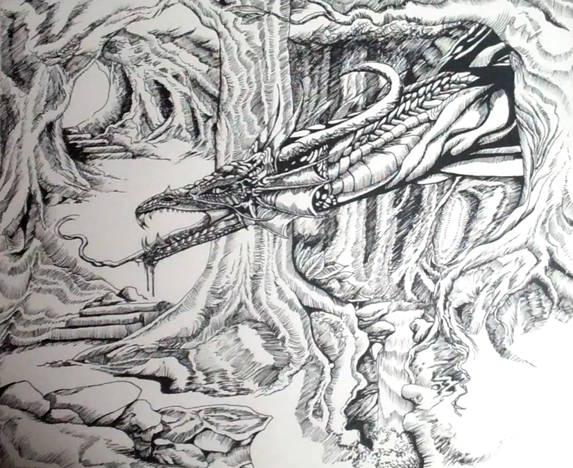 dragons angels trees Nature Elementals fantasy Scifi technical pen rapidograph black and white pen and ink ink pen legends