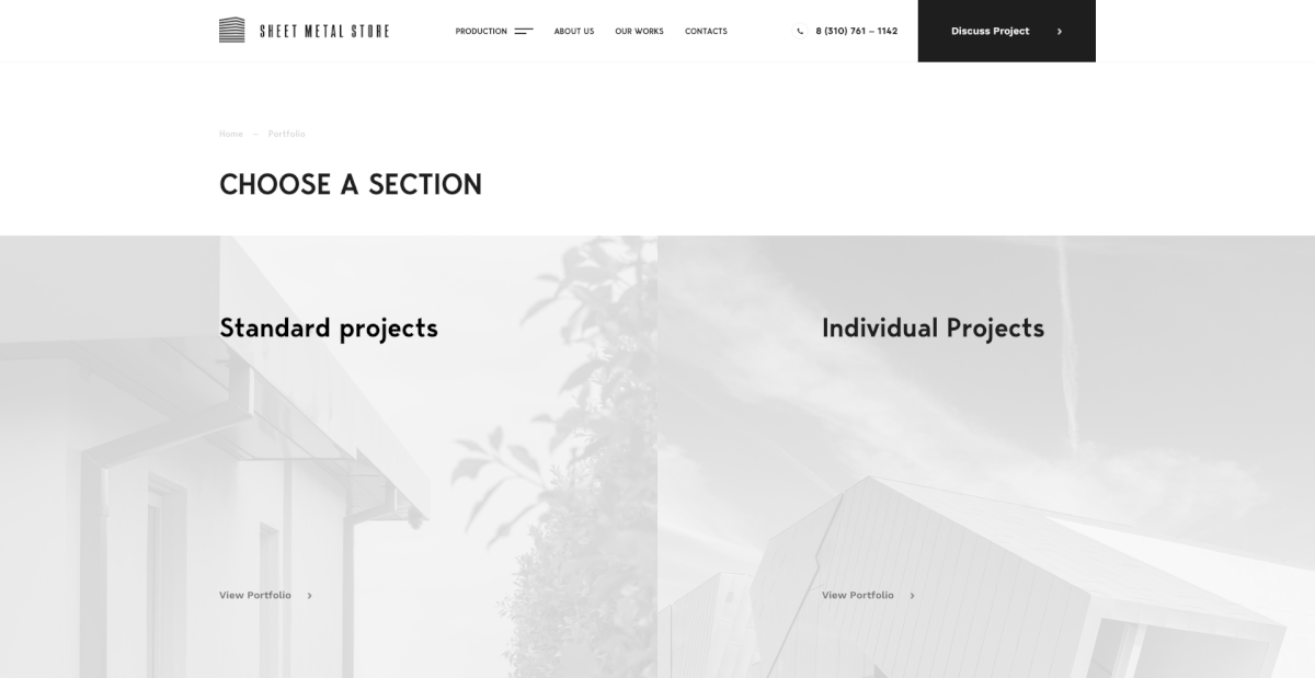 UI ux Website metal sheet landing page architect manufacture exterior Production