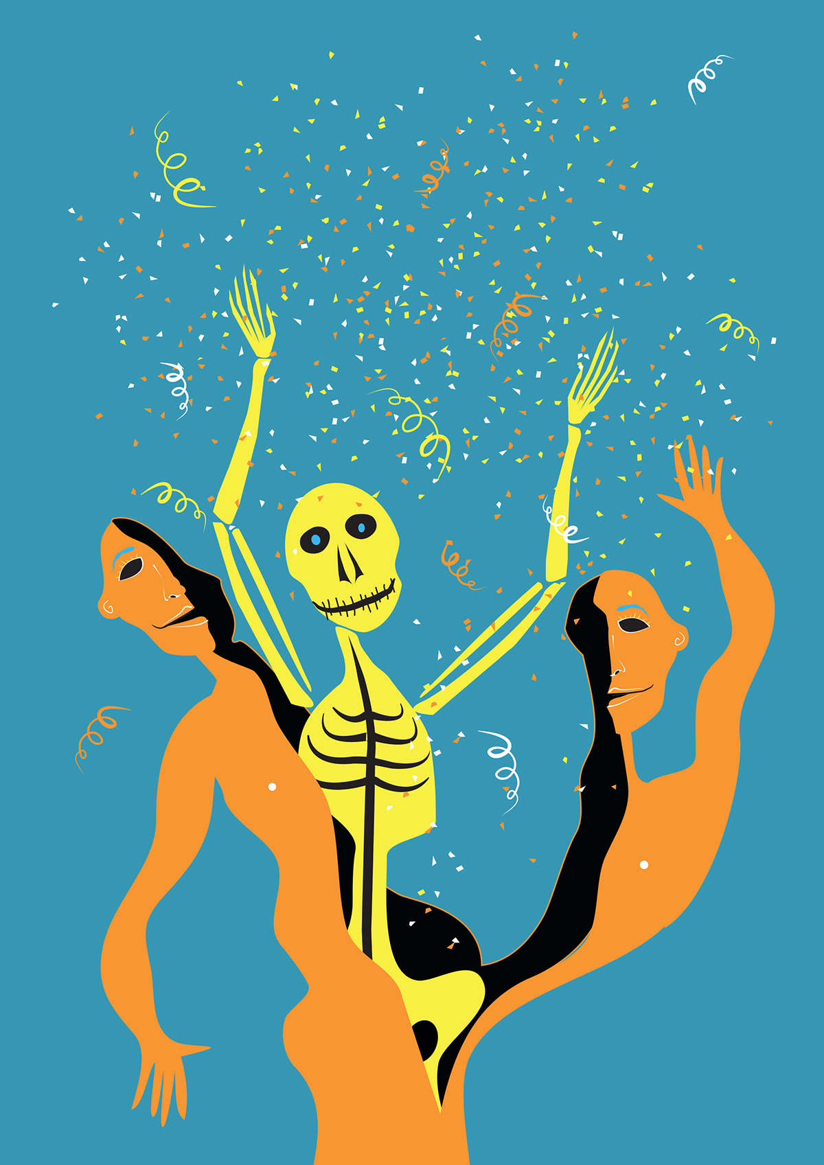 skin skeleton surprise party jump confetti fear