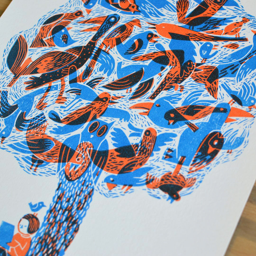 Linocut print illustrating a loud flock of birds in a quiet environment. Detail