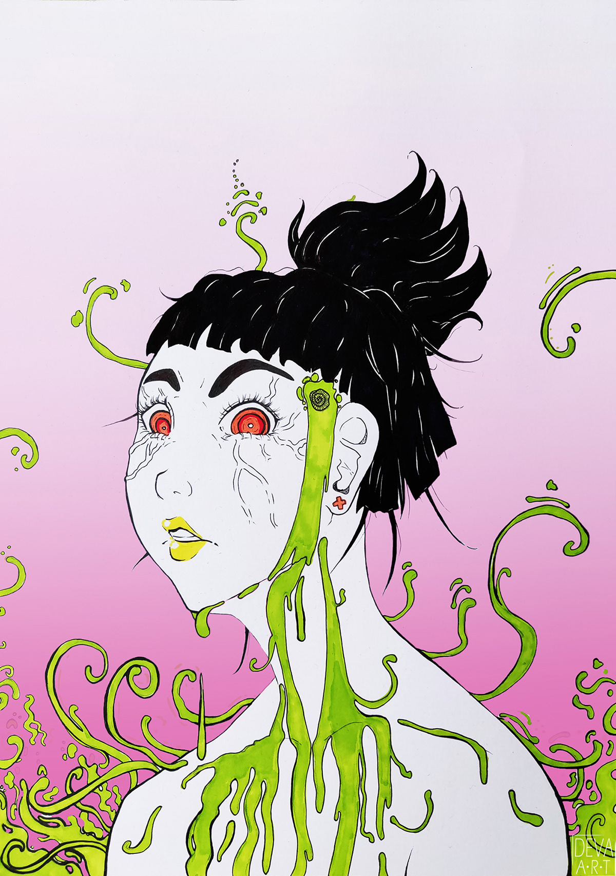 androidgirl blackhair darkhair fantasy green ILLUSTRATION  orange eyes portrait robotgirl scifi art