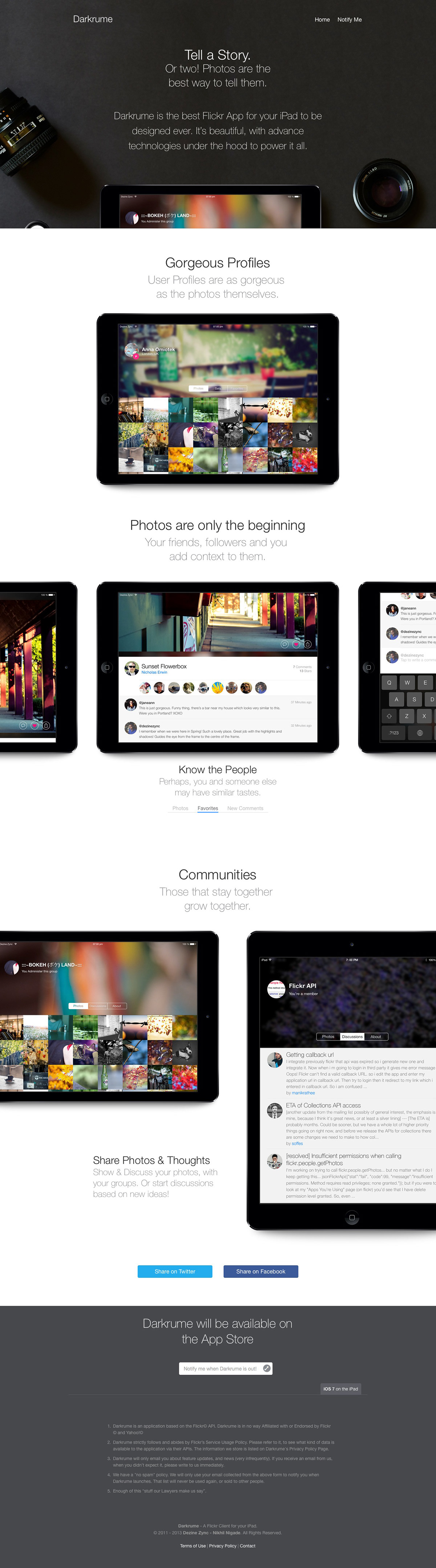 darkrume flickr app ios iPad application user interface UI design landing promo page