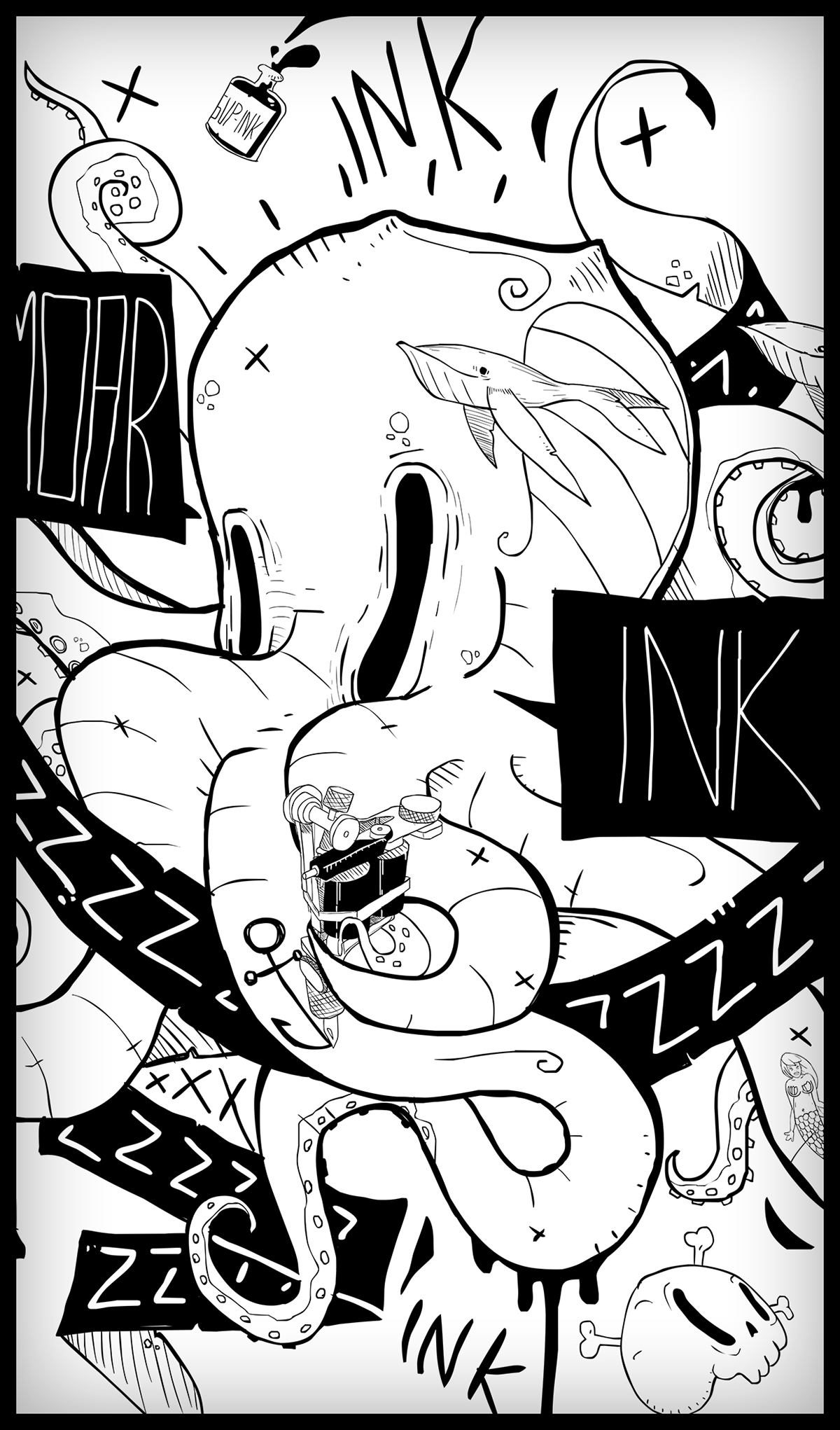 tatoo octopus ink rabbit cartoon blackandwhite rock'nroll rock tshirt
