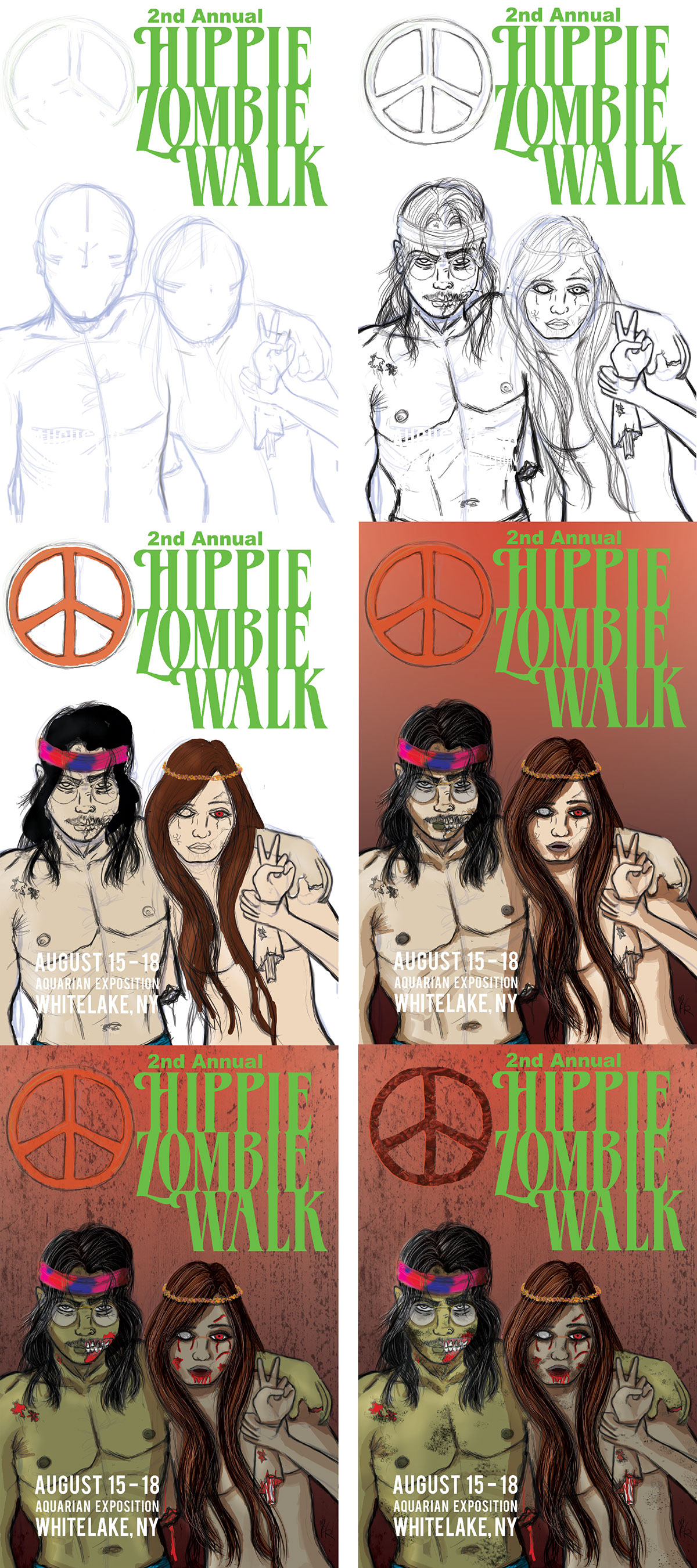 zombie hippie walk poster design art print falling body parts peace Event