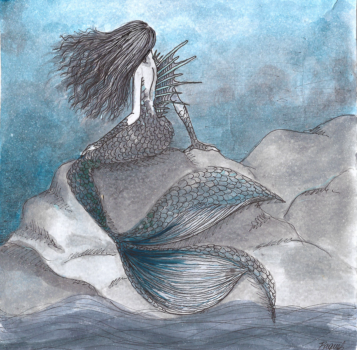 mermaids watercolor obscure dark cold colors Ocean sea
