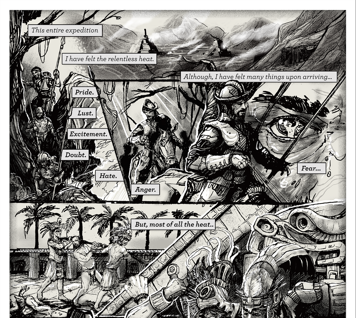 mayan aztec graphic Graphic Novel comic pen and ink black and white army fight sacrifice
