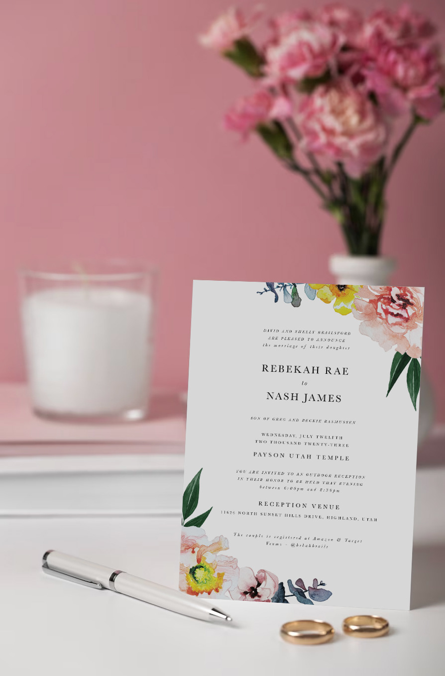 wedding invites Flowers watercolor design pink