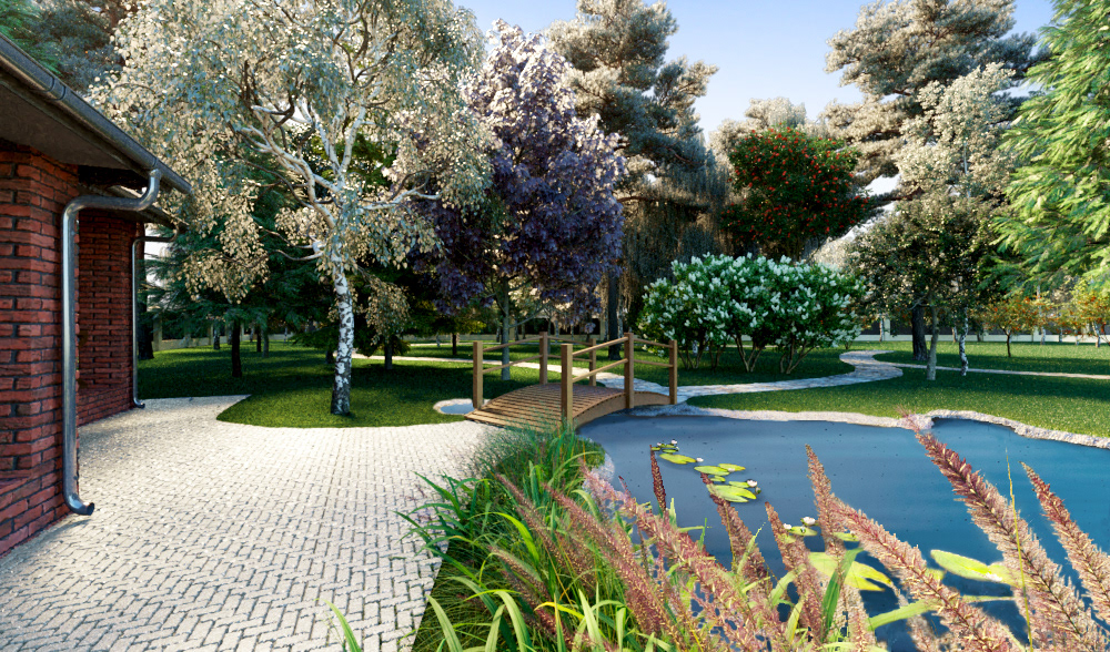 garden Landscape Design mixborder pond rendering визуализация ландшафтный дизайн миксбордер пруд сад